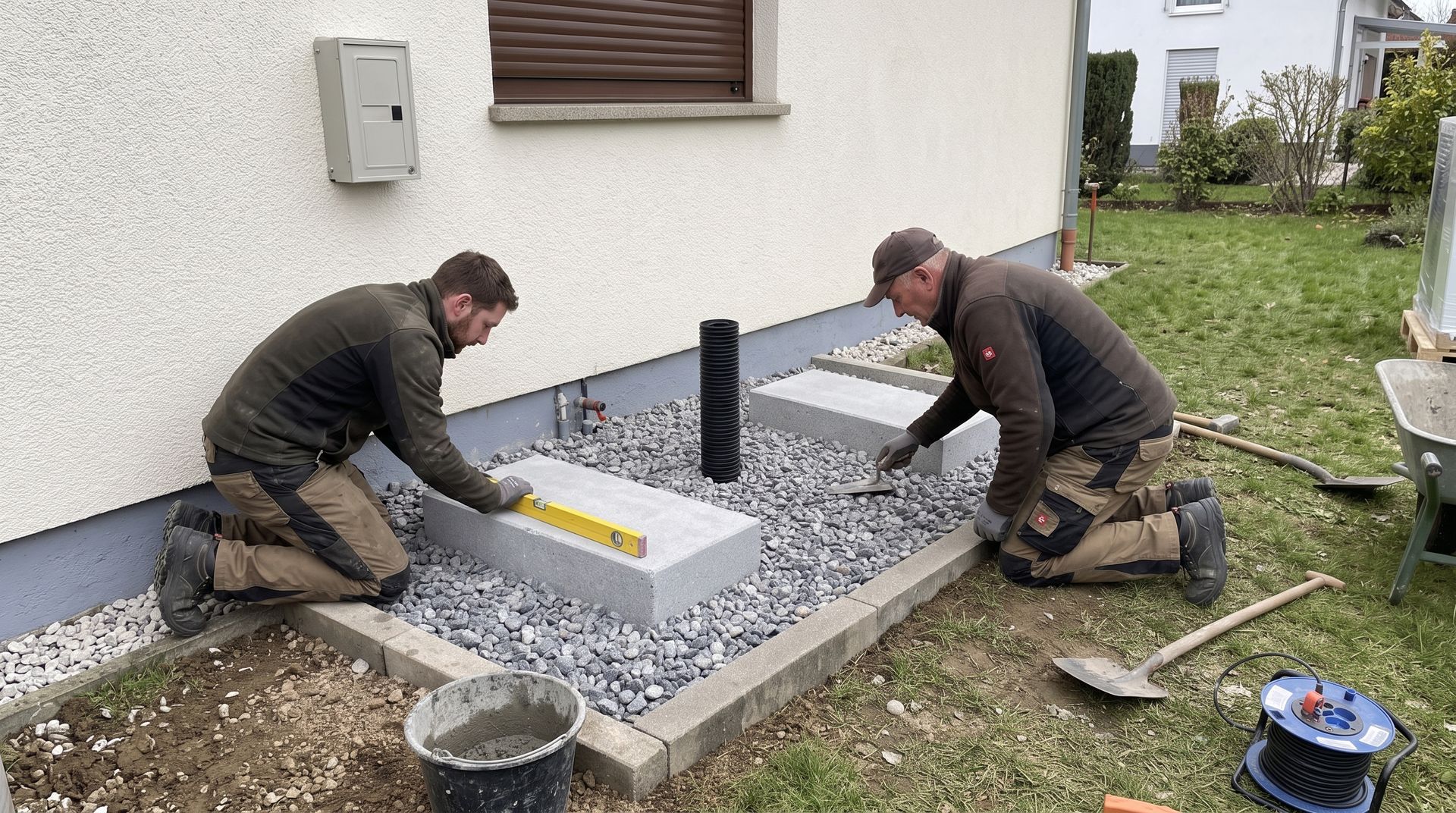 Zwei Monteure richten Betonsockel für eine Wärmepumpe auf einem Kiesbett an einer Hauswand aus